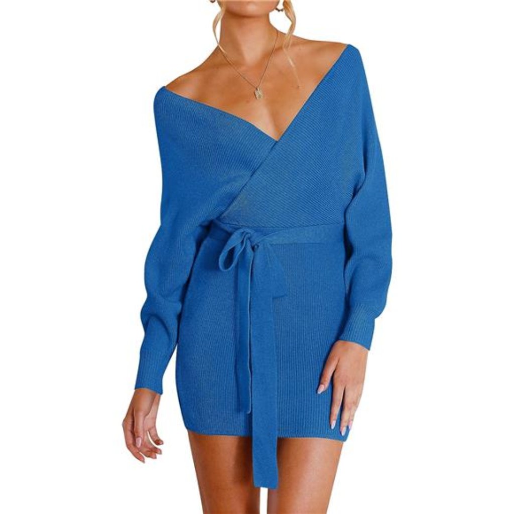 Women's Long Batwing Sleeve Sweater Dress Bright Blue